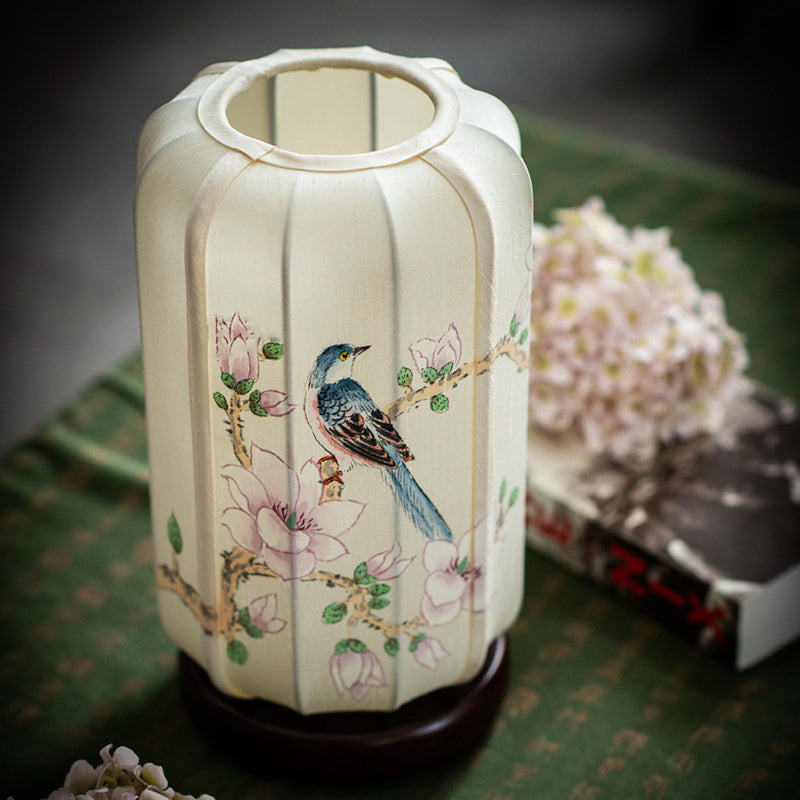 Traditional Chinese Begonia Wood Silk Cylinder Hand-painted Flower Bird 1-Light Table Lamp For Bedside