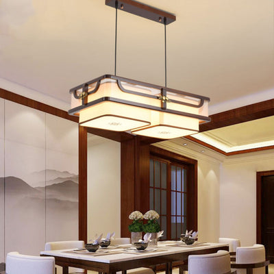 Traditional Chinese Begonia Wood Brass Acrylic Square Rectangular LED Chandeliers Island Light For Dining Room