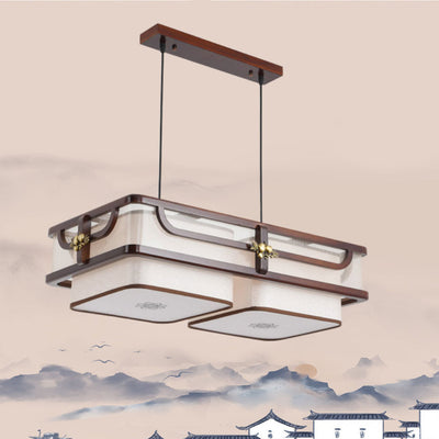 Traditional Chinese Begonia Wood Brass Acrylic Square Rectangular LED Chandeliers Island Light For Dining Room