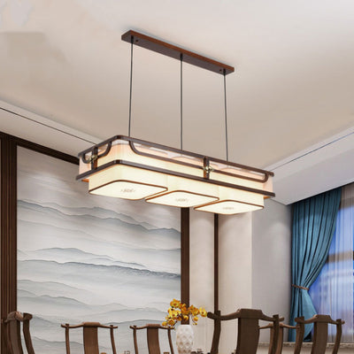 Traditional Chinese Begonia Wood Brass Acrylic Square Rectangular LED Chandeliers Island Light For Dining Room