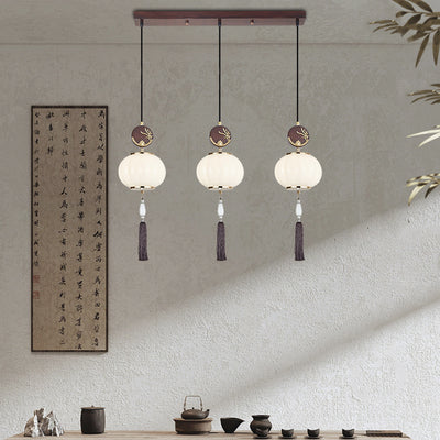 Traditional Chinese Oak Zinc Alloy Glass Lantern Round LED Pendant Light For Dining Room