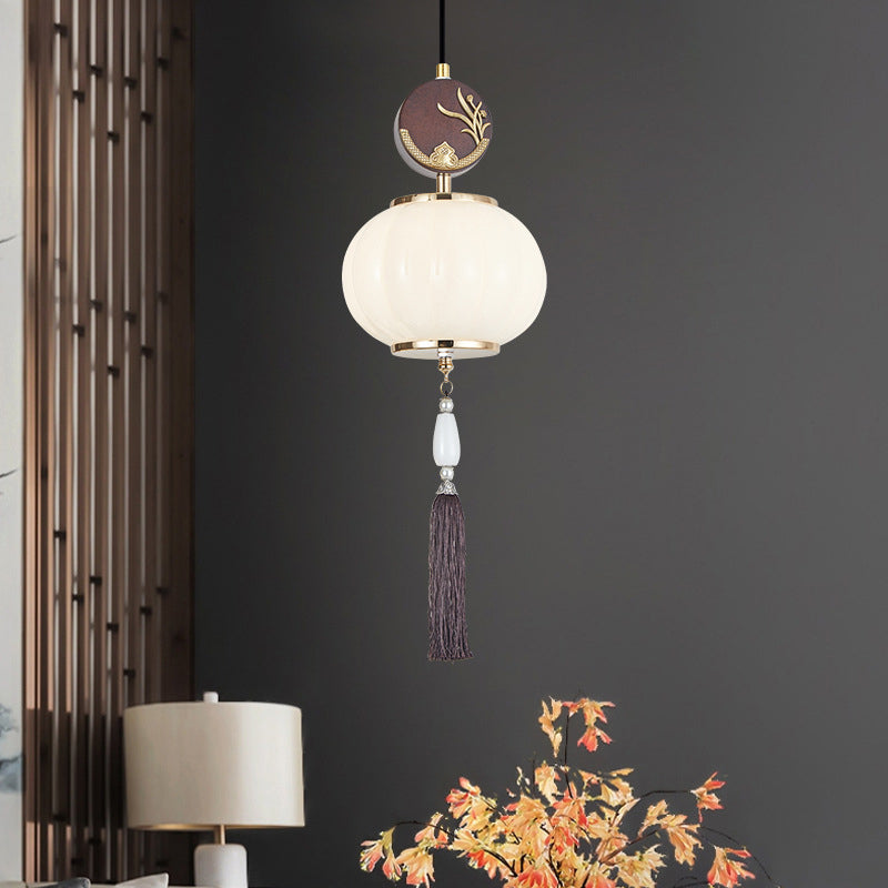 Traditional Chinese Oak Zinc Alloy Glass Lantern Round LED Pendant Light For Dining Room