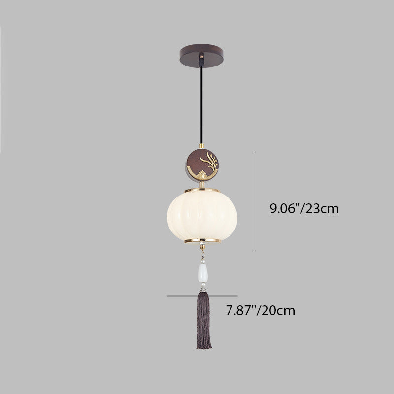 Traditional Chinese Oak Zinc Alloy Glass Lantern Round LED Pendant Light For Dining Room