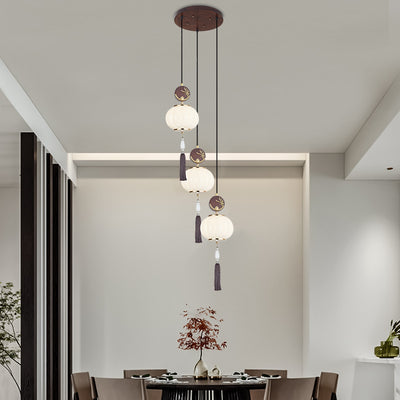 Traditional Chinese Oak Zinc Alloy Glass Lantern Round LED Pendant Light For Dining Room