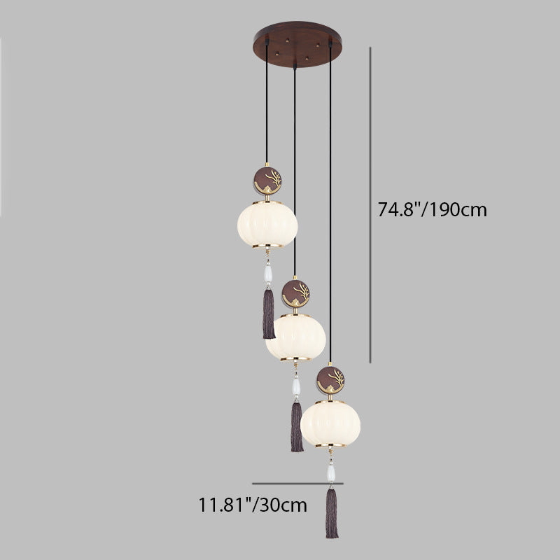 Traditional Chinese Oak Zinc Alloy Glass Lantern Round LED Pendant Light For Dining Room