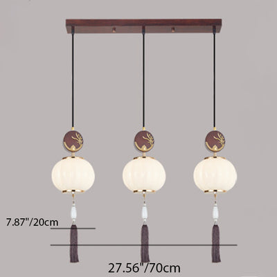 Traditional Chinese Oak Zinc Alloy Glass Lantern Round LED Pendant Light For Dining Room