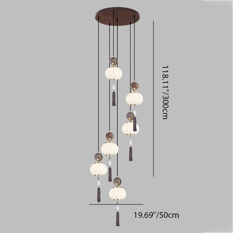 Traditional Chinese Oak Zinc Alloy Glass Lantern Round LED Pendant Light For Dining Room