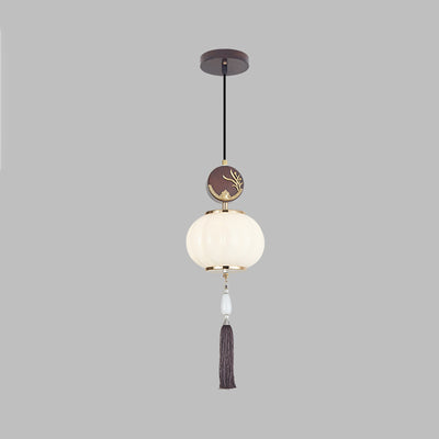 Traditional Chinese Oak Zinc Alloy Glass Lantern Round LED Pendant Light For Dining Room