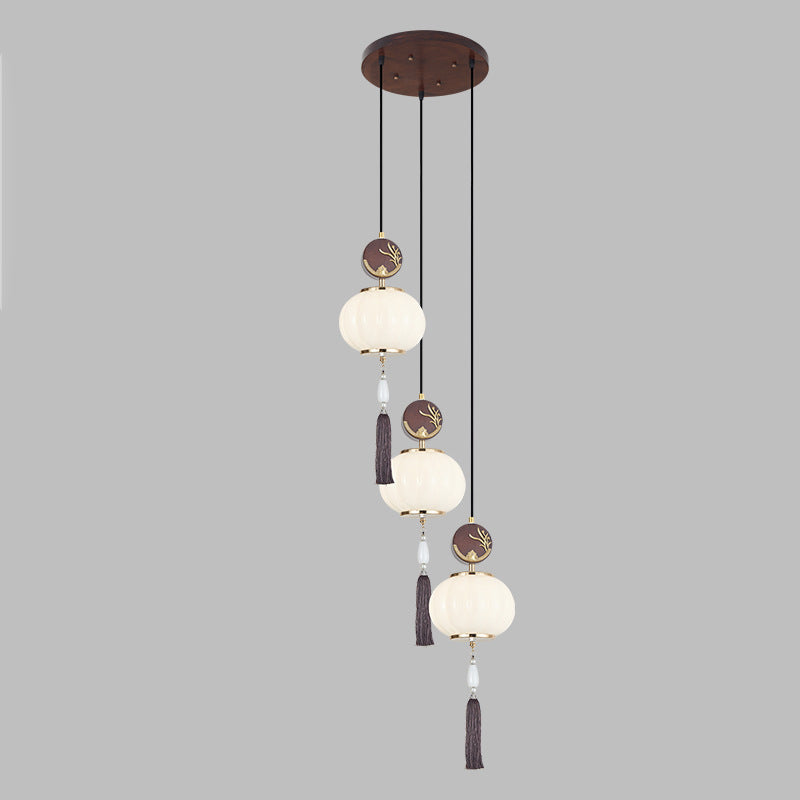 Traditional Chinese Oak Zinc Alloy Glass Lantern Round LED Pendant Light For Dining Room