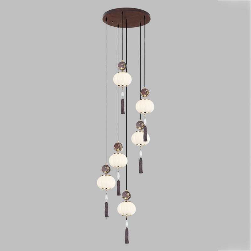 Traditional Chinese Oak Zinc Alloy Glass Lantern Round LED Pendant Light For Dining Room