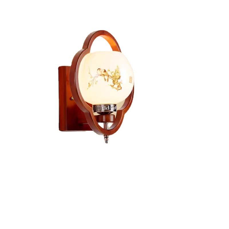 Traditional Chinese Rubber Wood Glass Flower Square Round Bird 1-Light Wall Sconce Lamp For Bedside