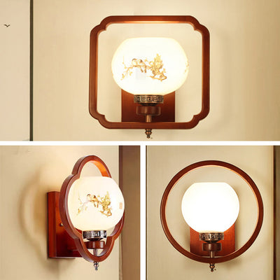 Traditional Chinese Rubber Wood Glass Flower Square Round Bird 1-Light Wall Sconce Lamp For Bedside