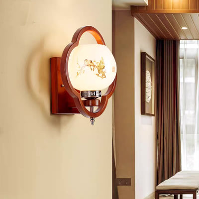 Traditional Chinese Rubber Wood Glass Flower Square Round Bird 1-Light Wall Sconce Lamp For Bedside