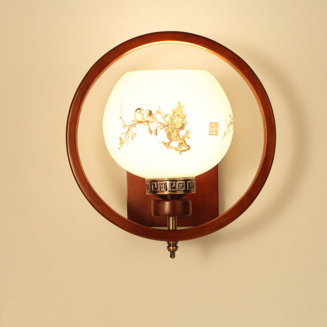 Traditional Chinese Rubber Wood Glass Flower Square Round Bird 1-Light Wall Sconce Lamp For Bedside