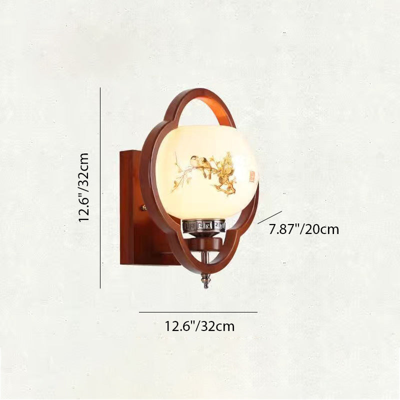 Traditional Chinese Rubber Wood Glass Flower Square Round Bird 1-Light Wall Sconce Lamp For Bedside