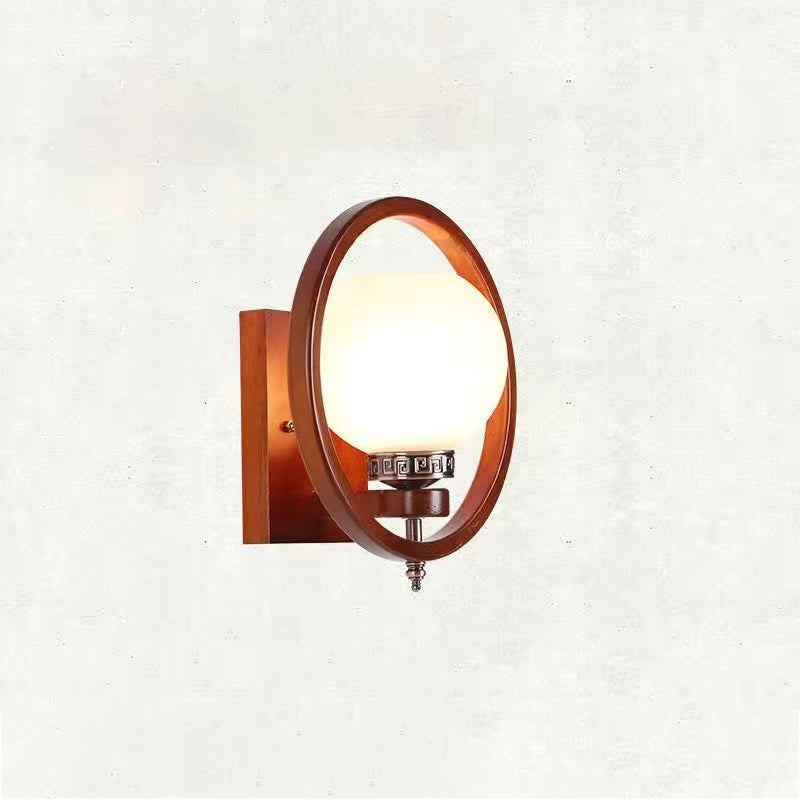 Traditional Chinese Rubber Wood Glass Flower Square Round Bird 1-Light Wall Sconce Lamp For Bedside