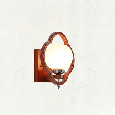 Traditional Chinese Rubber Wood Glass Flower Square Round Bird 1-Light Wall Sconce Lamp For Bedside