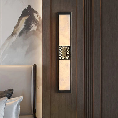 Traditional Chinese Marble Copper Rectangular Ripple Pattern LED Wall Sconce Lamp For Hallway