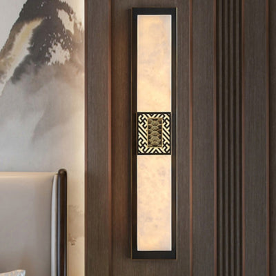 Traditional Chinese Marble Copper Rectangular Ripple Pattern LED Wall Sconce Lamp For Hallway