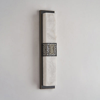 Traditional Chinese Marble Copper Rectangular Ripple Pattern LED Wall Sconce Lamp For Hallway