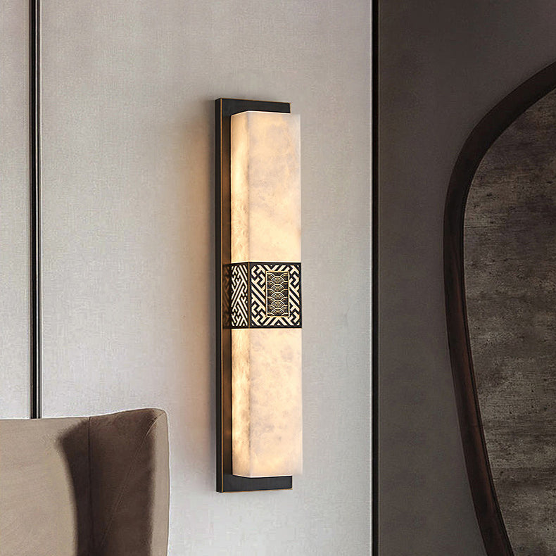 Traditional Chinese Marble Copper Rectangular Ripple Pattern LED Wall Sconce Lamp For Hallway