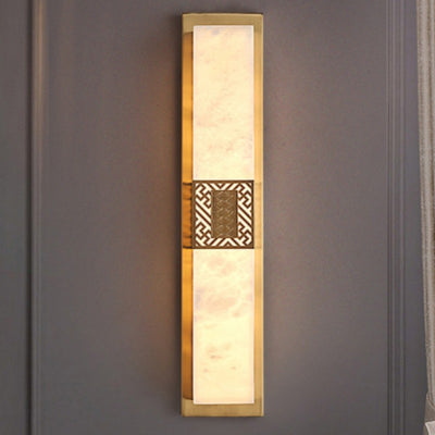 Traditional Chinese Marble Copper Rectangular Ripple Pattern LED Wall Sconce Lamp For Hallway