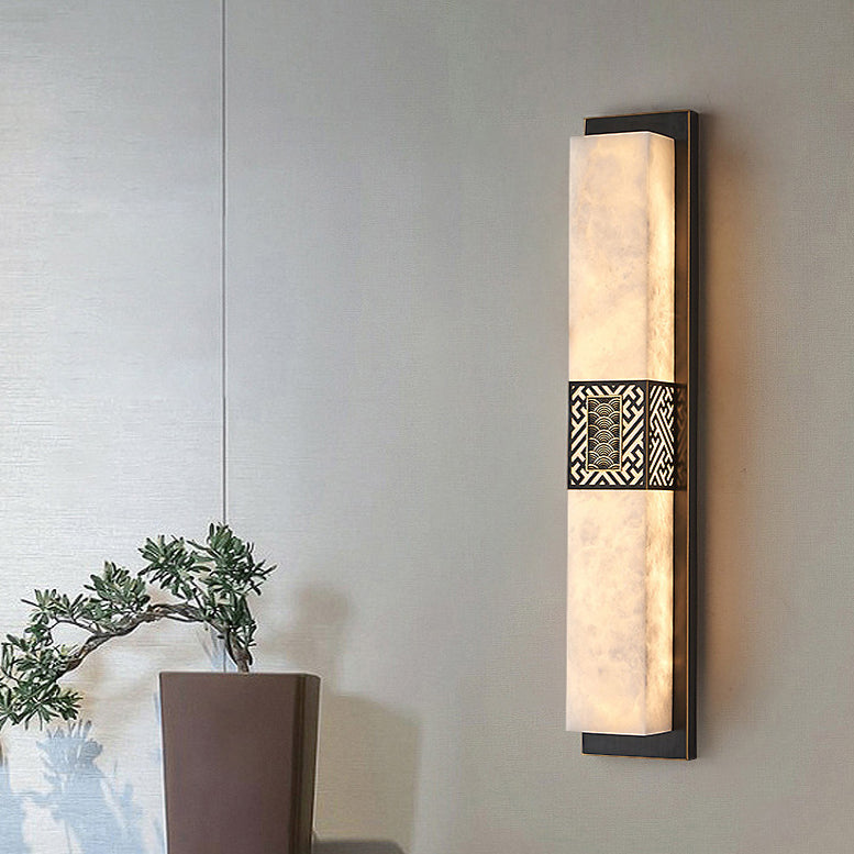 Traditional Chinese Marble Copper Rectangular Ripple Pattern LED Wall Sconce Lamp For Hallway