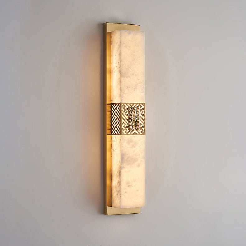 Traditional Chinese Marble Copper Rectangular Ripple Pattern LED Wall Sconce Lamp For Hallway