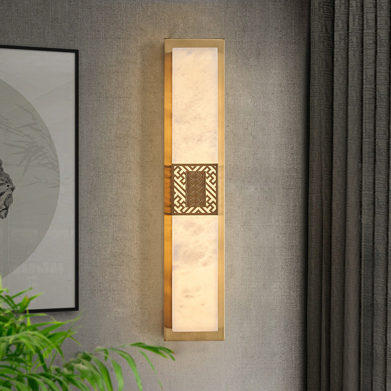 Traditional Chinese Marble Copper Rectangular Ripple Pattern LED Wall Sconce Lamp For Hallway