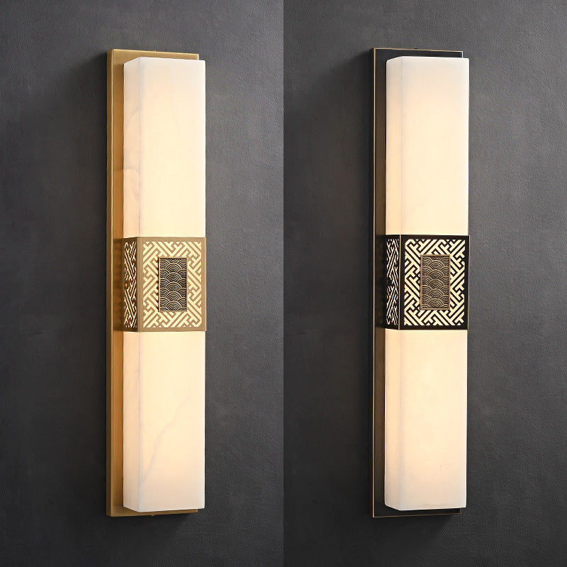 Traditional Chinese Marble Copper Rectangular Ripple Pattern LED Wall Sconce Lamp For Hallway