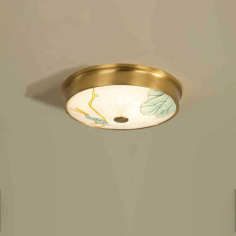 Traditional Chinese Brass Iron Glass Round Lotus Bamboo Leaf Ginkgo Biloba Painting Crackle LED Flush Mount Ceiling Light For Bedroom