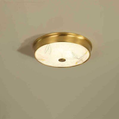 Traditional Chinese Brass Iron Glass Round Lotus Bamboo Leaf Ginkgo Biloba Painting Crackle LED Flush Mount Ceiling Light For Bedroom