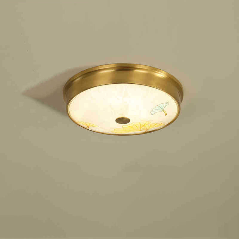 Traditional Chinese Brass Iron Glass Round Lotus Bamboo Leaf Ginkgo Biloba Painting Crackle LED Flush Mount Ceiling Light For Bedroom