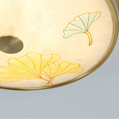 Traditional Chinese Brass Iron Glass Round Lotus Bamboo Leaf Ginkgo Biloba Painting Crackle LED Flush Mount Ceiling Light For Bedroom