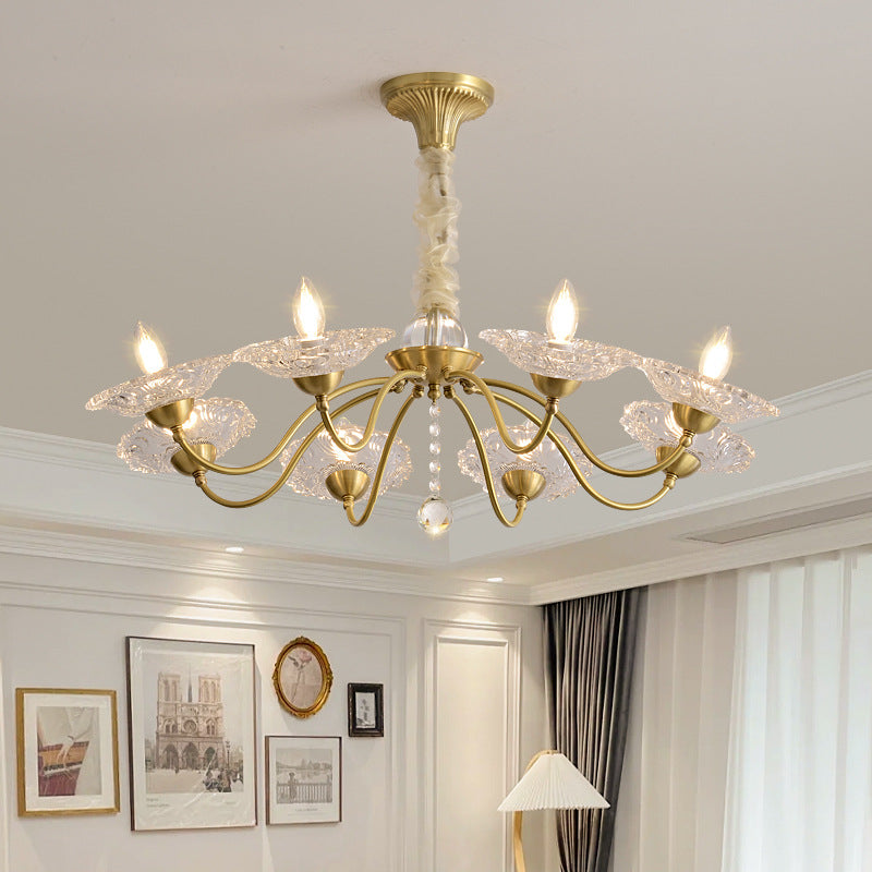 Traditional Luxury Brass Crystal Glass Disk Candlestick 3/6/8 Light Chandeliers For Living Room