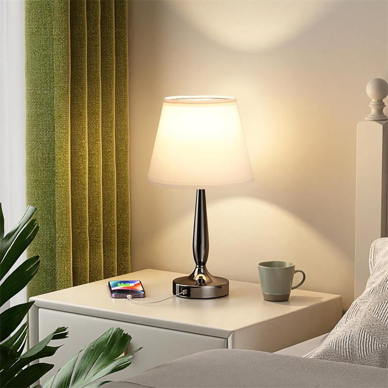 Contemporary Scandinavian USB Metal Fabric Cylinder 1-Light Table Lamp For Bedside