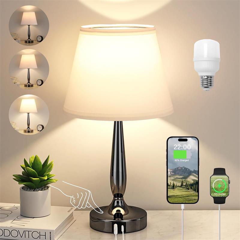 Contemporary Scandinavian USB Metal Fabric Cylinder 1-Light Table Lamp For Bedside