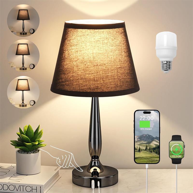 Contemporary Scandinavian USB Metal Fabric Cylinder 1-Light Table Lamp For Bedside