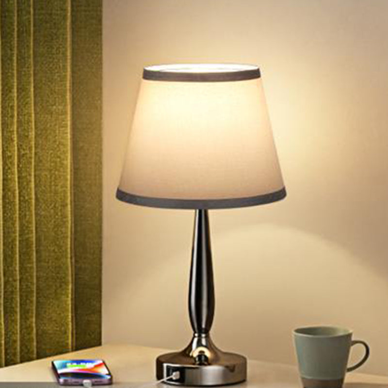 Contemporary Scandinavian USB Metal Fabric Cylinder 1-Light Table Lamp For Bedside