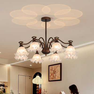 Traditional French Hardware Glass Snow Pattern Flower 4/6/8/10 Light Chandeliers For Living Room