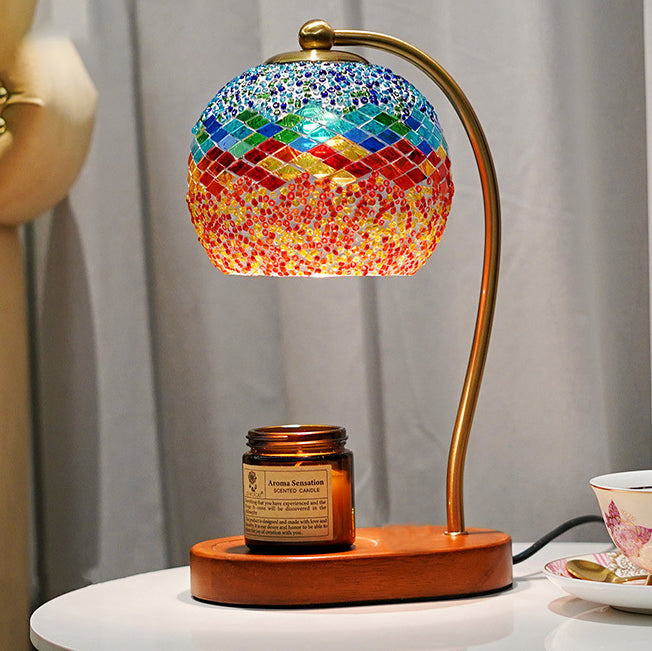 Contemporary Boho Wood Glass Dome Handmade Mosaic 1-Light Melting Wax Table Lamp For Bedroom