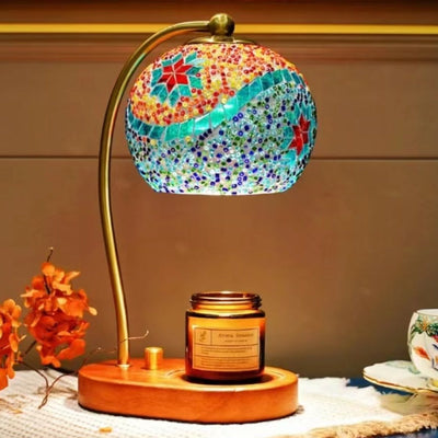 Contemporary Boho Wood Glass Dome Handmade Mosaic 1-Light Melting Wax Table Lamp For Bedroom