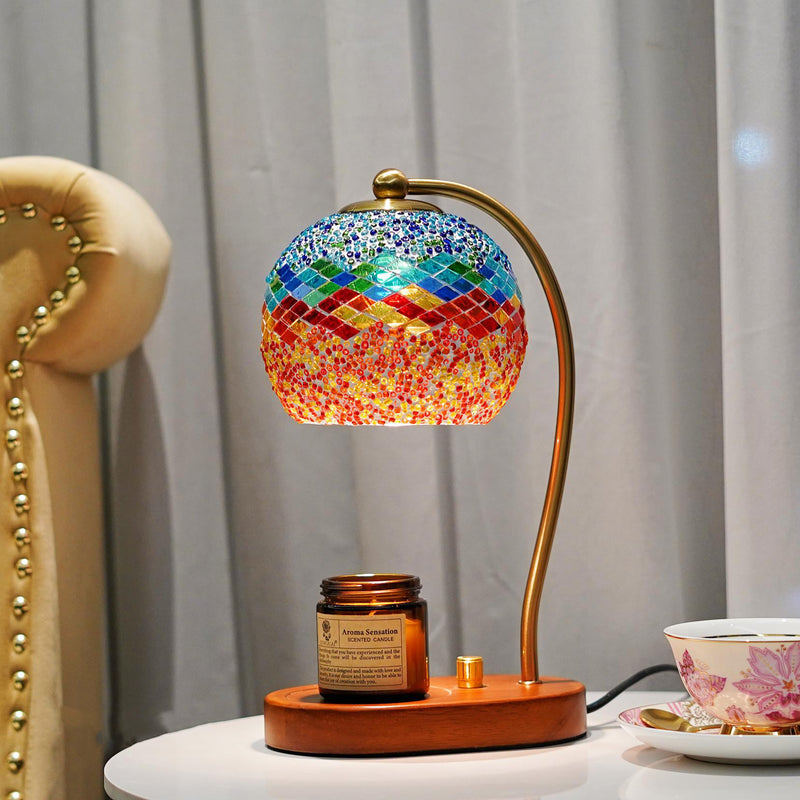 Contemporary Boho Wood Glass Dome Handmade Mosaic 1-Light Melting Wax Table Lamp For Bedroom