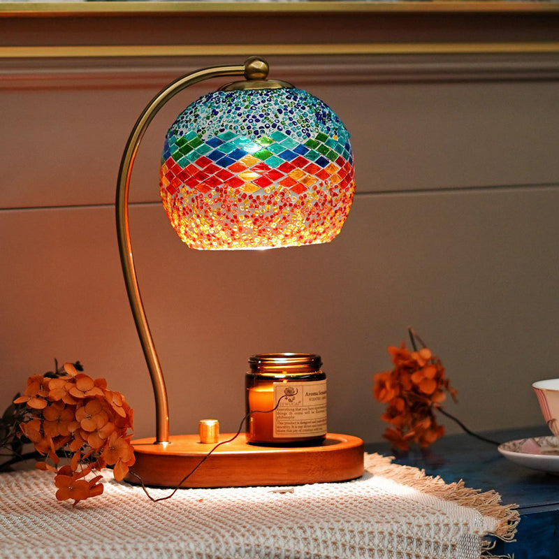 Contemporary Boho Wood Glass Dome Handmade Mosaic 1-Light Melting Wax Table Lamp For Bedroom