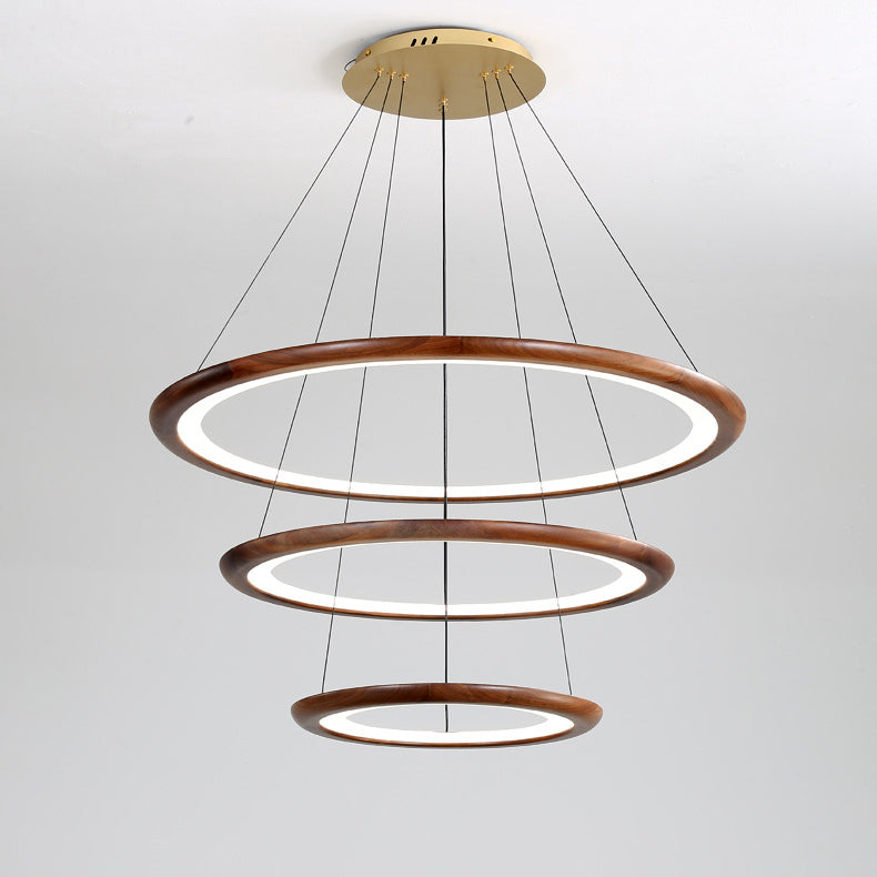 Contemporary Retro Walnut Acrylic Circles Adjustable LED Chandeliers For Living Room