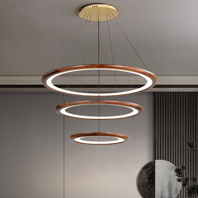 Contemporary Retro Walnut Acrylic Circles Adjustable LED Chandeliers For Living Room