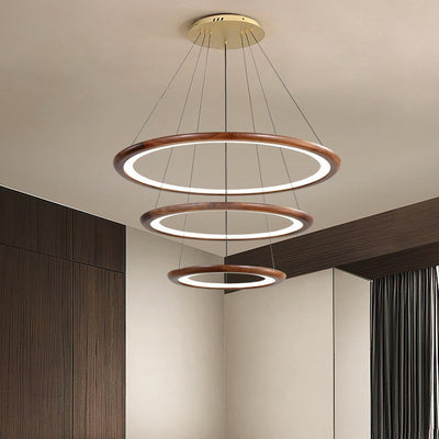 Contemporary Retro Walnut Acrylic Circles Adjustable LED Chandeliers For Living Room