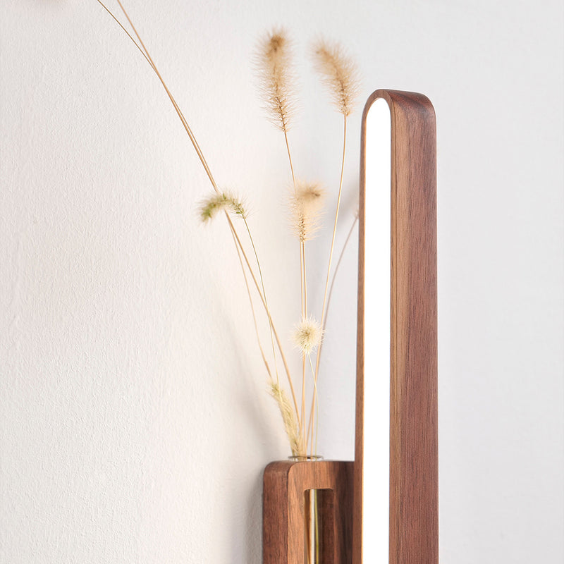 Contemporary Nordic Walnut Beech Rechargeable Strip Floral Container LED Wall Sconce Lamp For Bedside