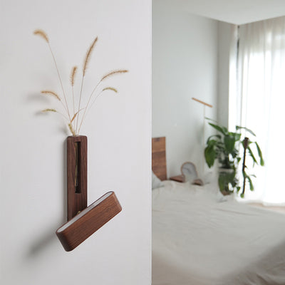 Contemporary Nordic Walnut Beech Rechargeable Strip Floral Container LED Wall Sconce Lamp For Bedside