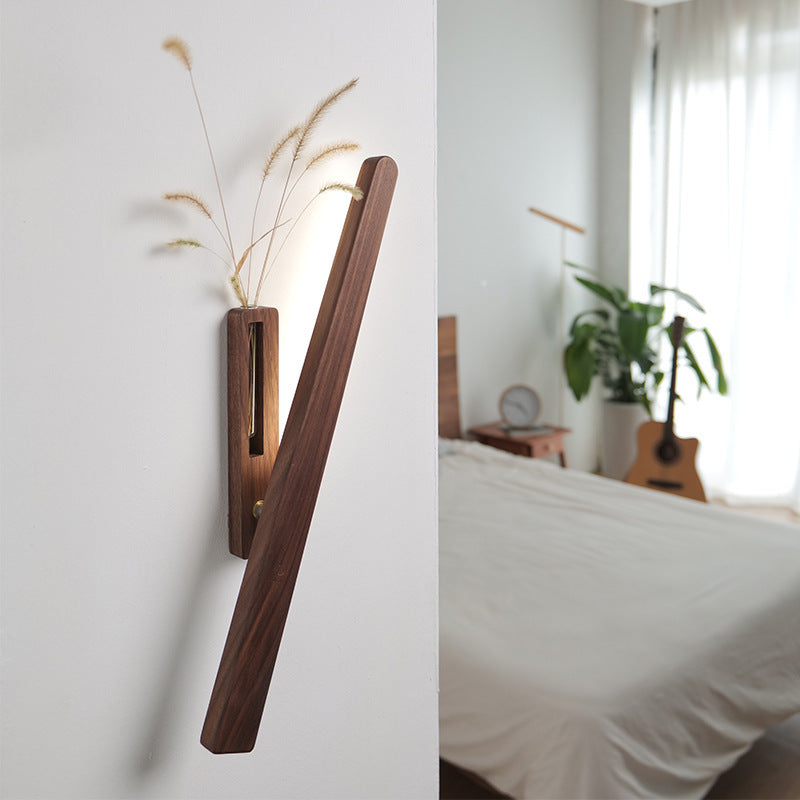 Contemporary Nordic Walnut Beech Rechargeable Strip Floral Container LED Wall Sconce Lamp For Bedside